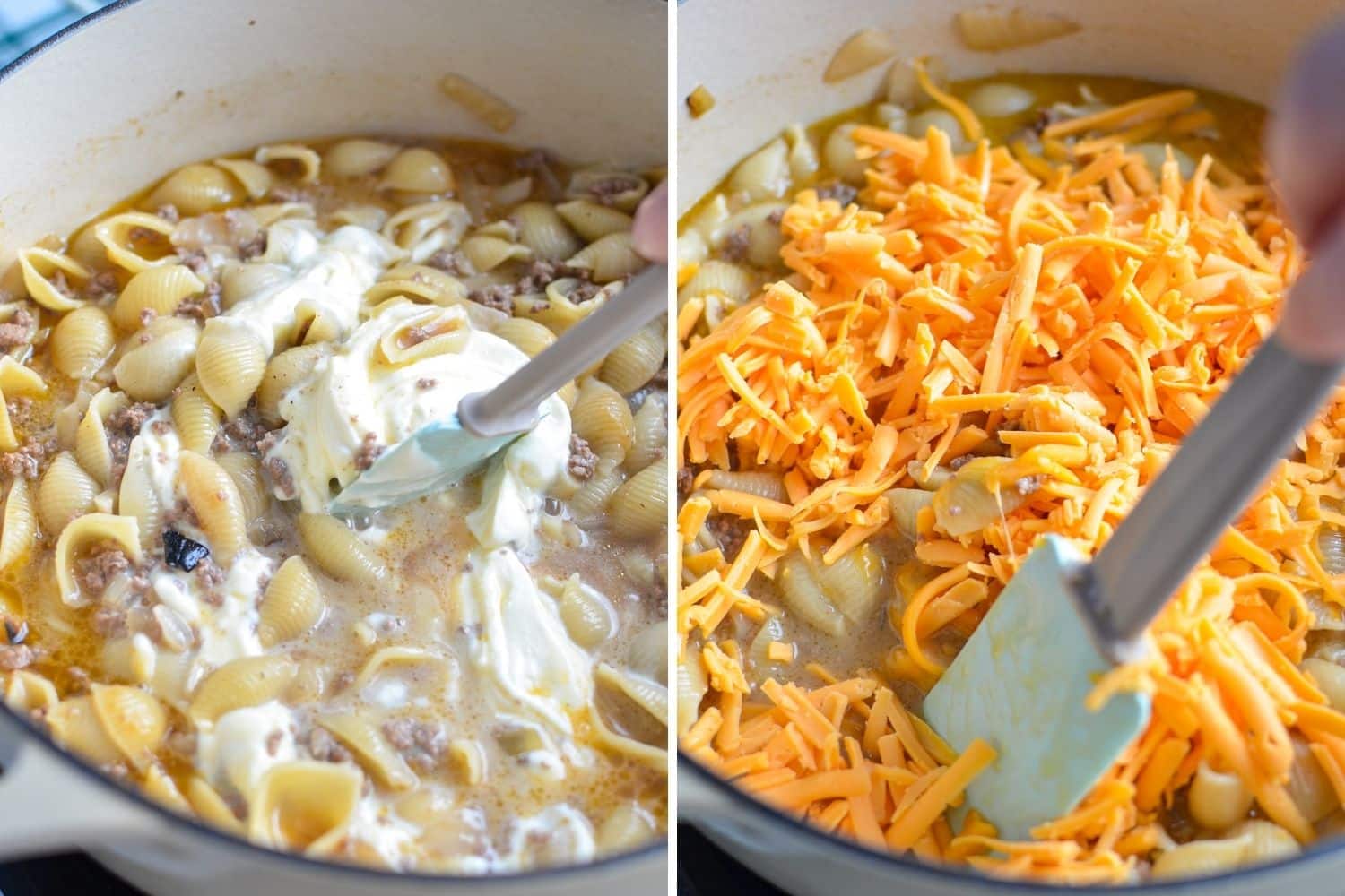 Adding in sour cream and cheese to a dutch oven meal.
