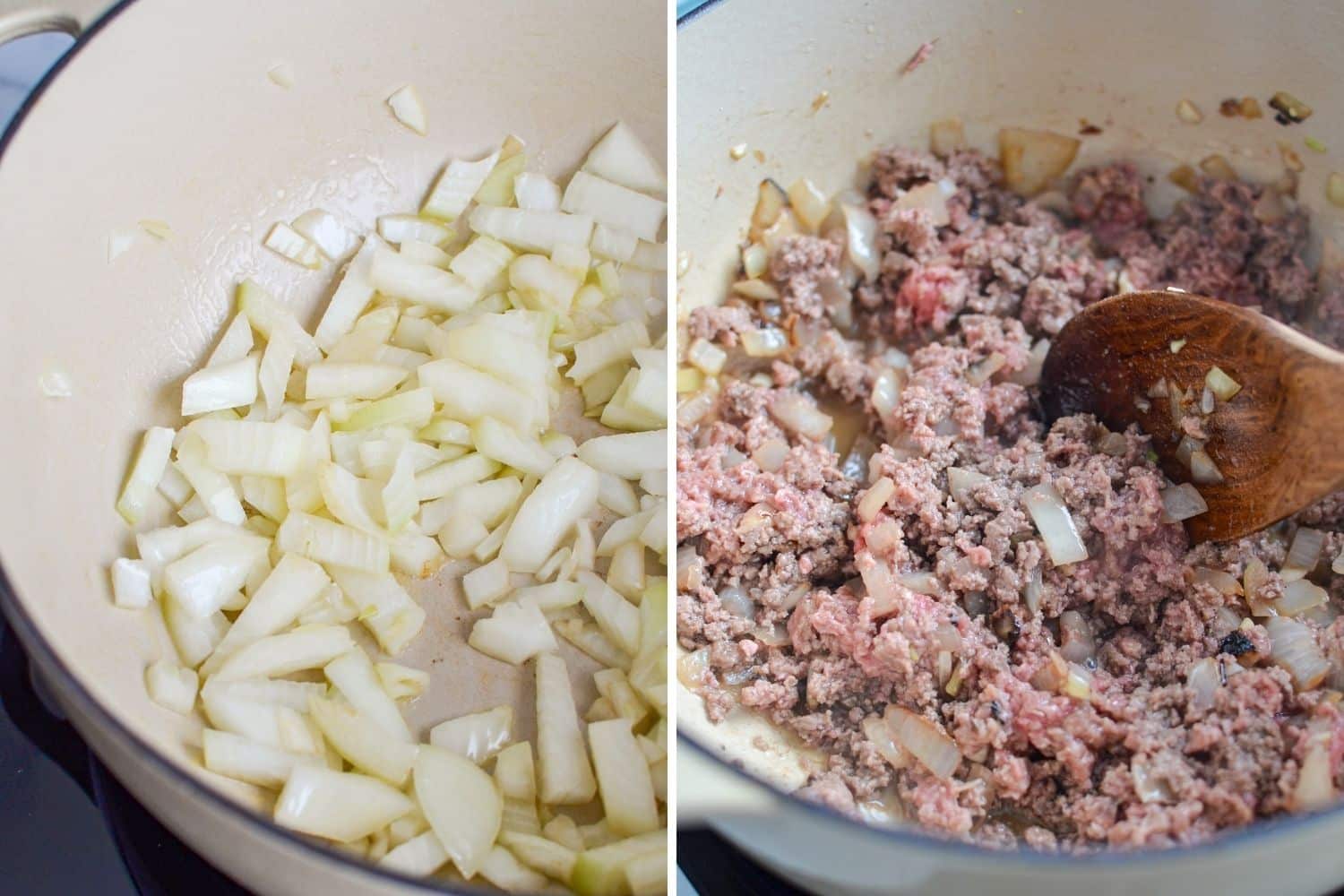 Sauteing onion in a dutch oven and browning ground beef.