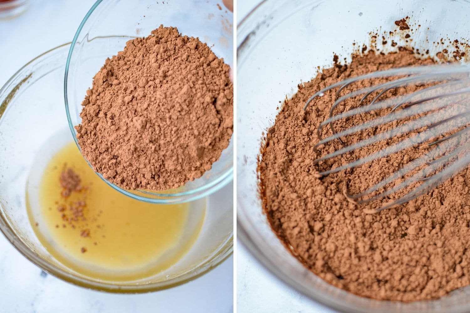 Adding cocoa powder to coconut oil and honey to make chocolate