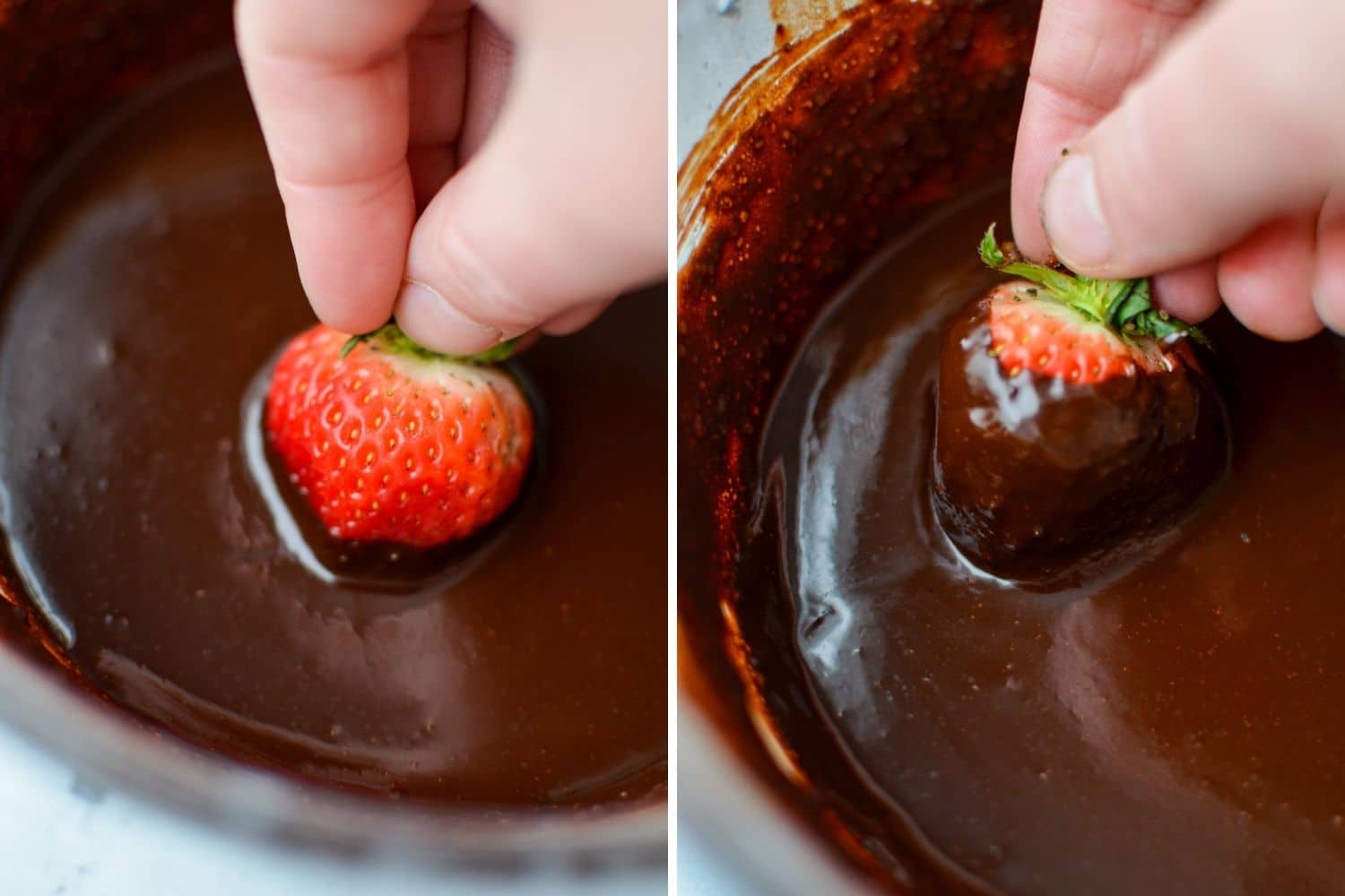 Dipping strawberries in coconut oil chocolate