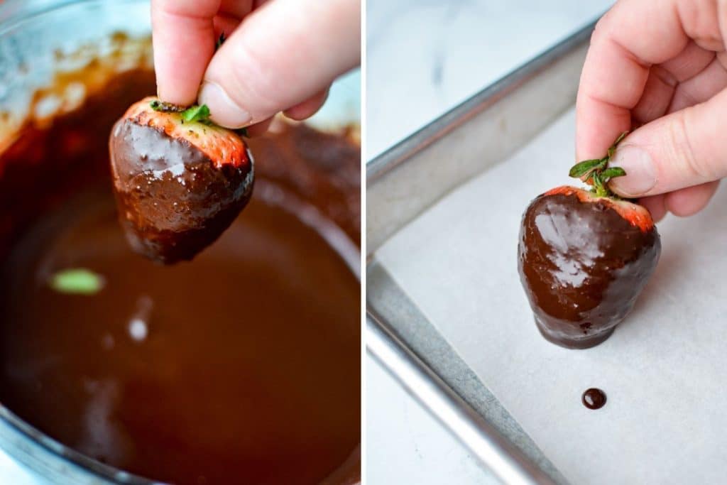 Dipping strawberries in melted coconut oil chocolate