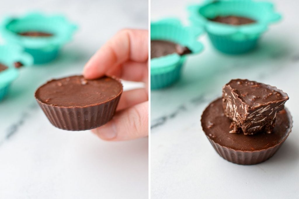 Adding coconut oil chocolate to a silicone muffin cup to create a mold.
