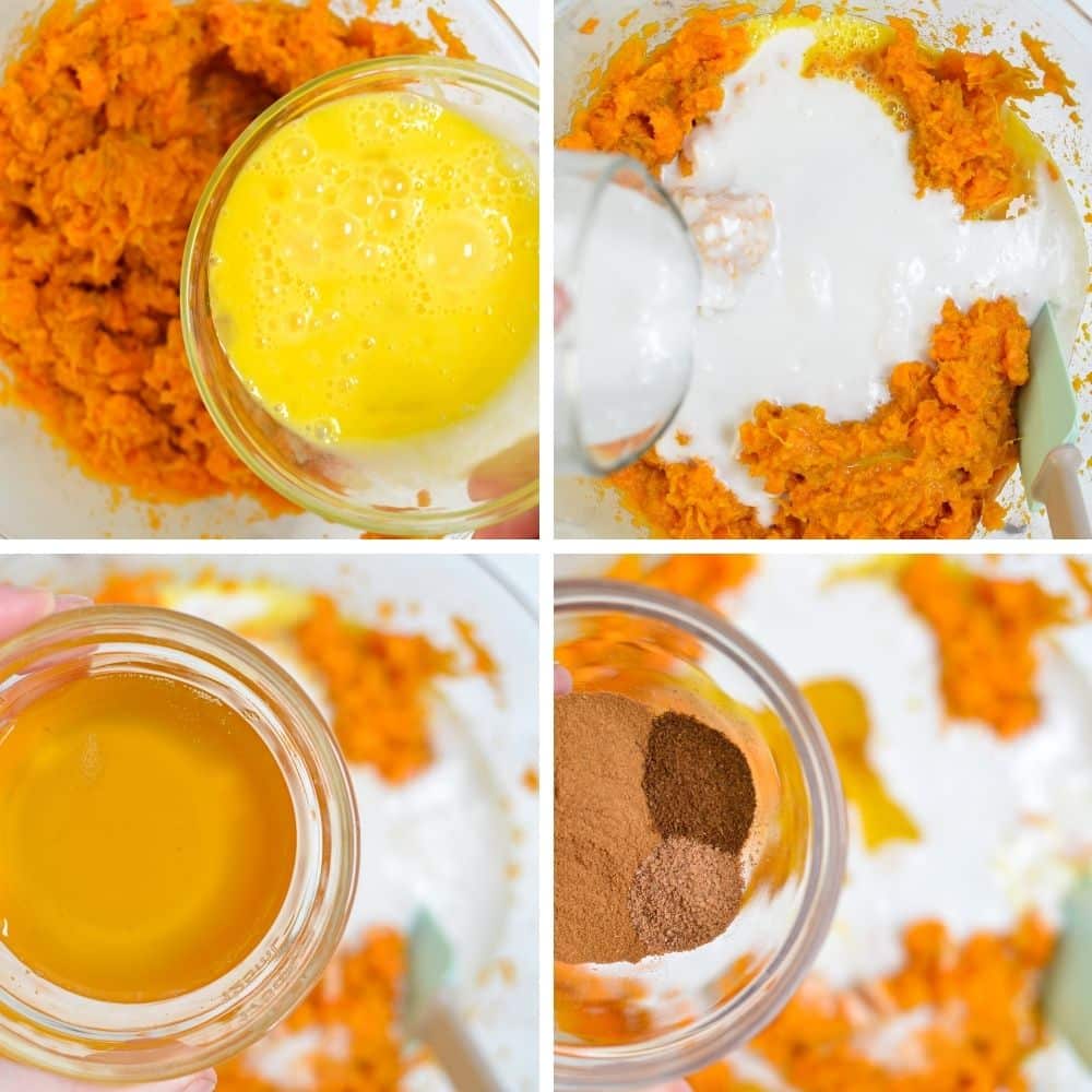 Adding in the ingredients to make a healthy gluten free and paleo sweet potato casserole.