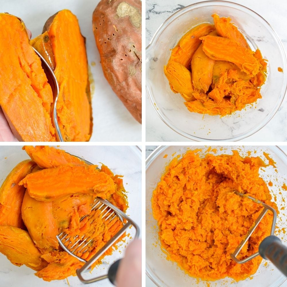 Scooping the flesh from a sweet potato, and mashing to include in a healthy sweet potato casserole.