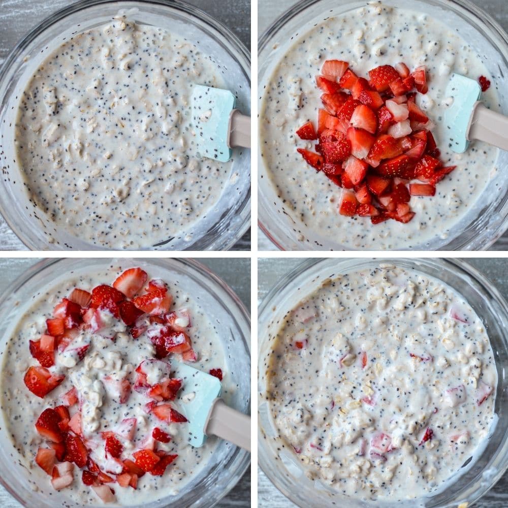 Adding fruit to the kefir overnight oats base.