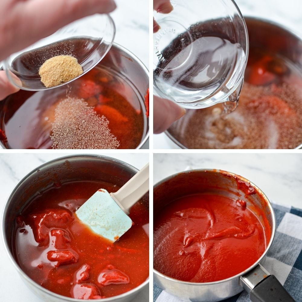 Adding seasoning and water to a pot of tomato paste.