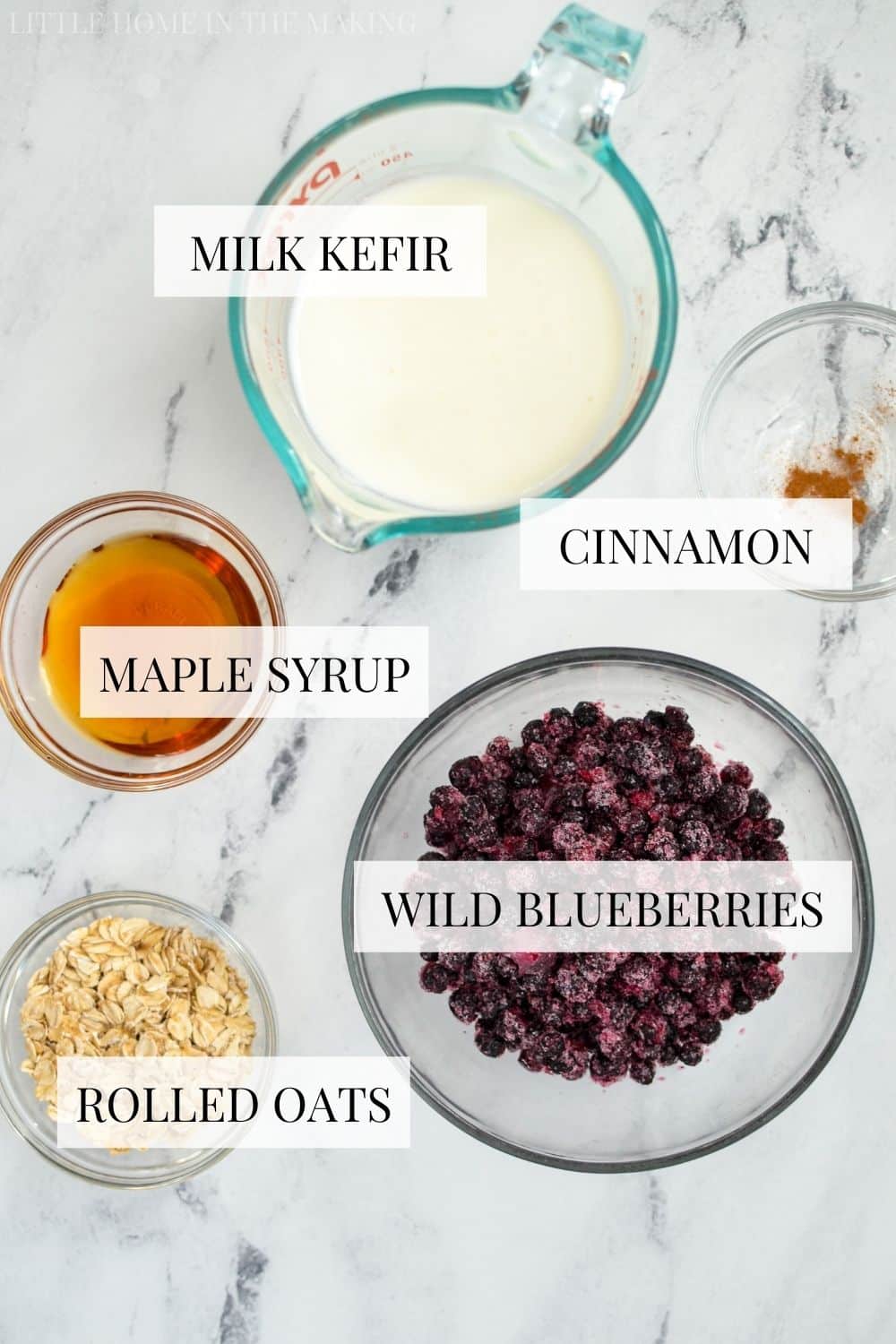 The ingredients needed to make a blueberry kefir smoothie
