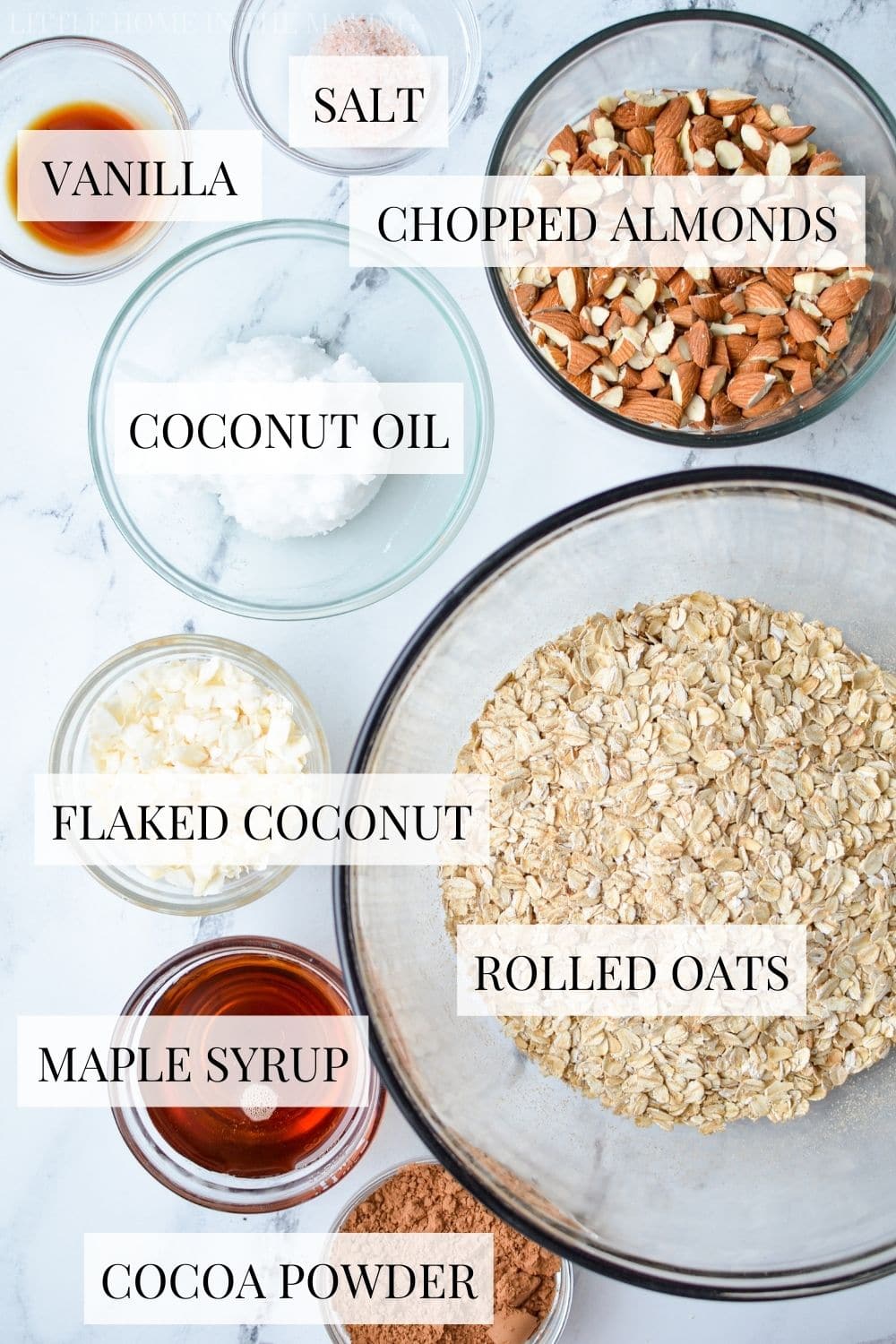 The ingredients needed to make chocolate almond granola