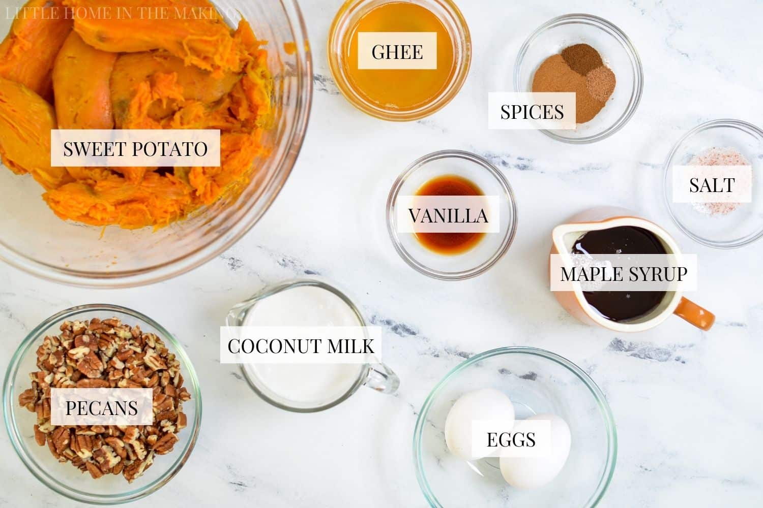 The ingredients needed to make a gluten free and paleo sweet potato casserole
