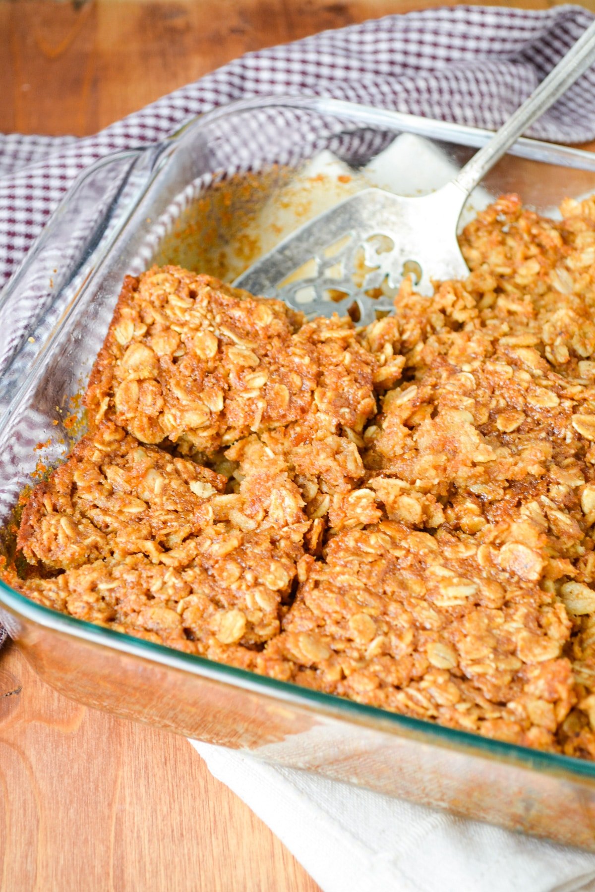 A baking dish full of pumpkin baked oatmeal