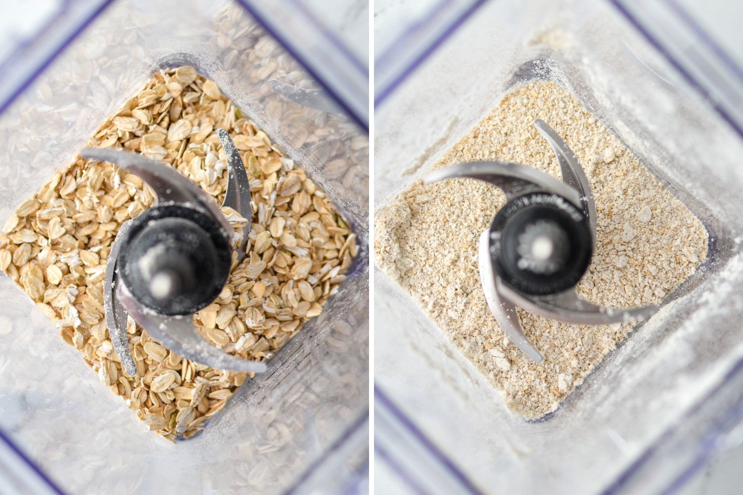 A side-by-side comparison of oats after blending into oat flour.