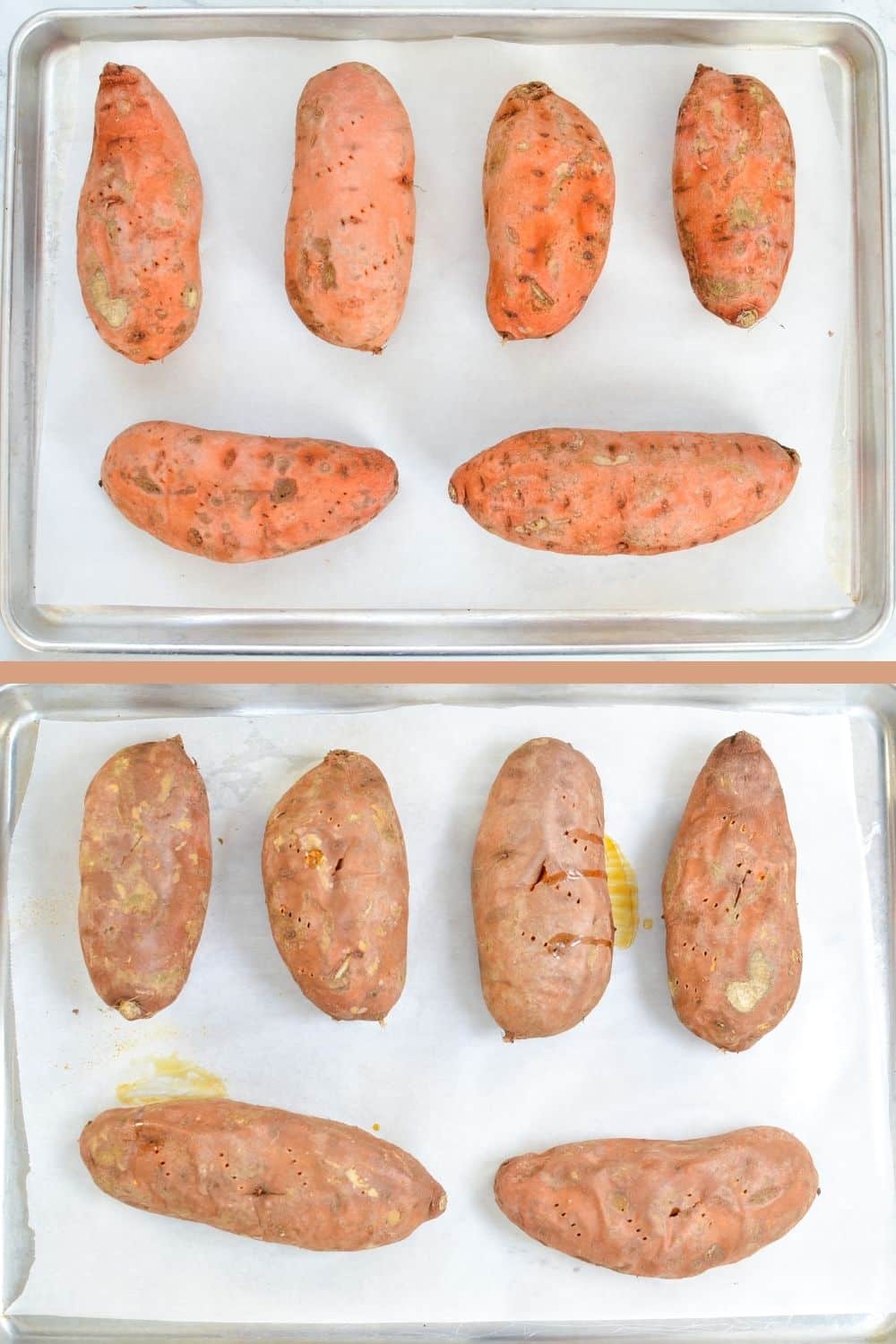 Roasting sweet potatoes on a baking sheet.