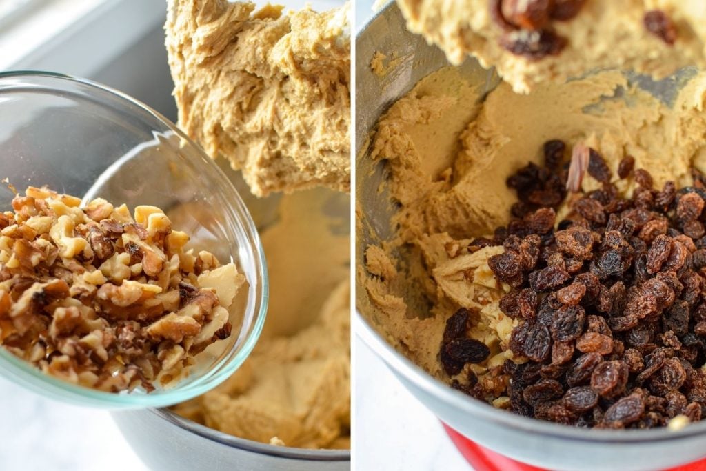 Adding raisins and walnuts to dough