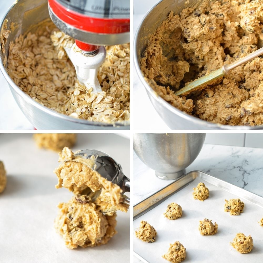 Scooping cookie dough and placing it on a baking sheet.