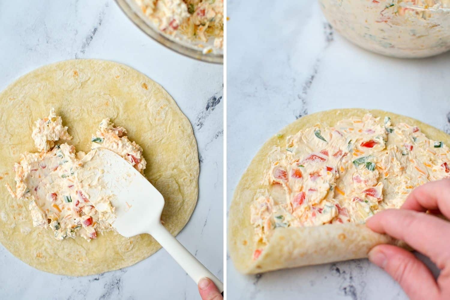 Spreading tortillas with a softened cream cheese mixture.