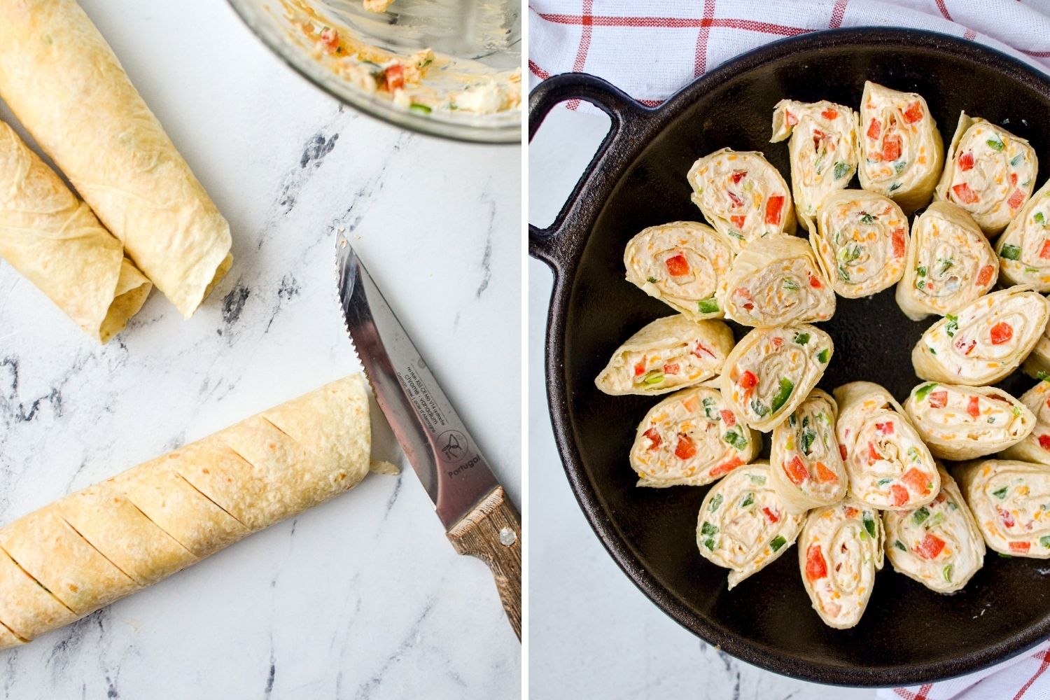 Scoring rolled up tortillas for baking into pinwheels.