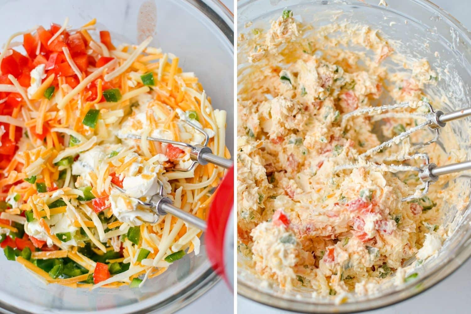 Mixing together cream cheese with chopped peppers, cheese, and hot sauce.