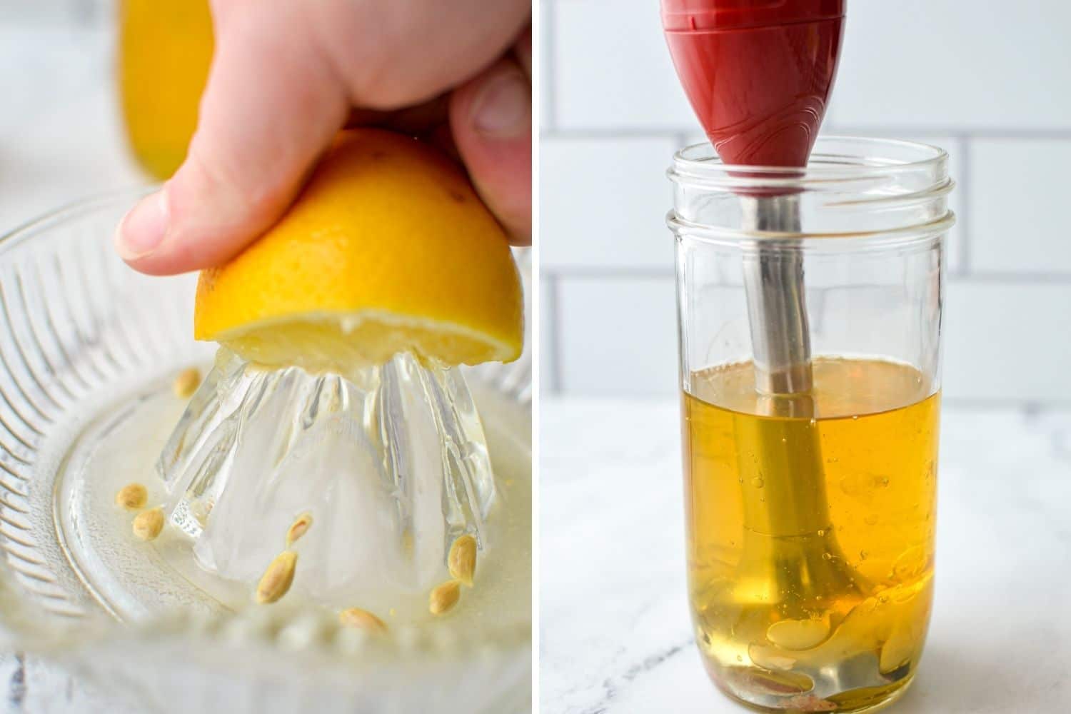 Squeezing a lemon to add to oil and egg to make mayonnaise.