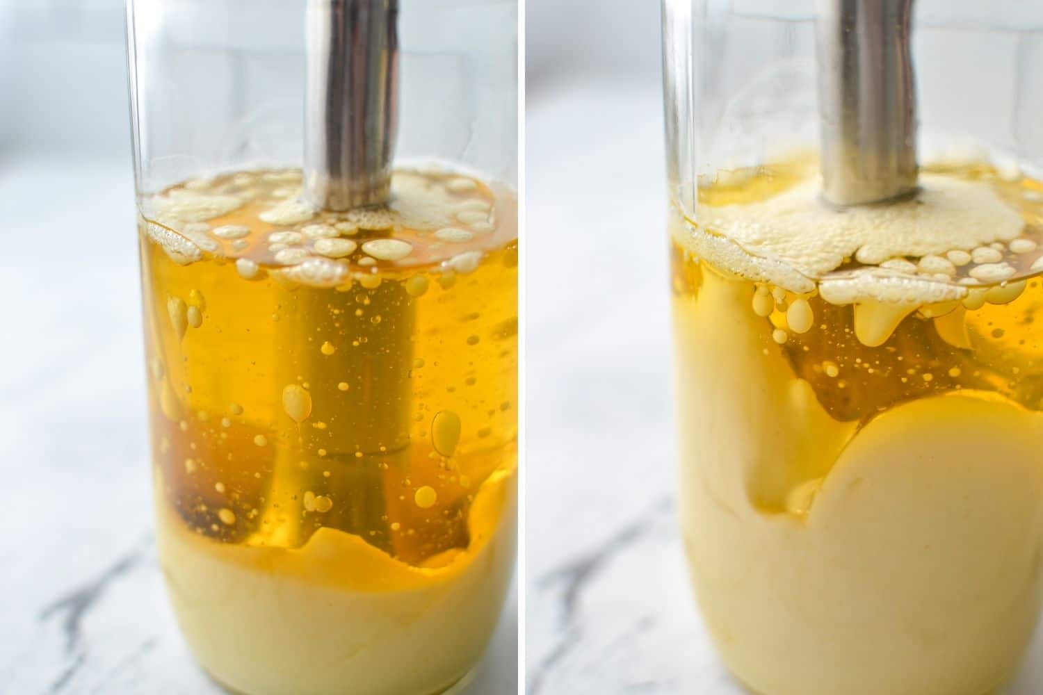 Blending oil and egg together to create a homemade mayonnaise.