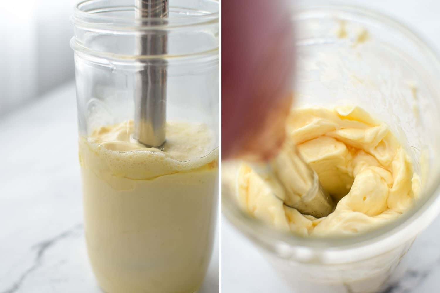 An emulsified homemade mayonnaise made with a stick blender.