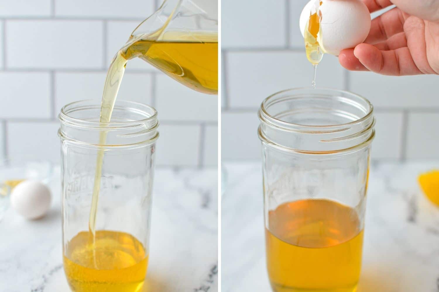 Adding oil to a wide mouth mason jar, then cracking an egg into it.