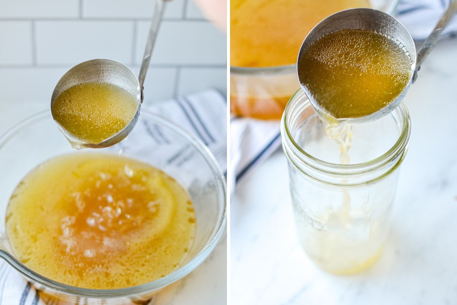 Bottling homemade chicken broth into glass mason jars.