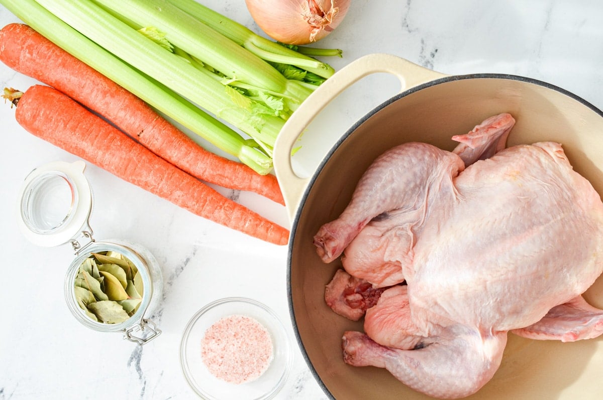 The ingredients needed to make chicken broth: a whole chicken, celery, carrots, onion, bay leaf, and salt