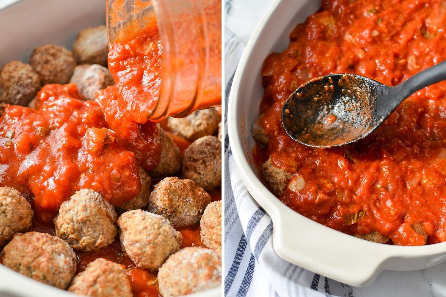 Adding sauce on top of frozen meatballs to make a casserole.