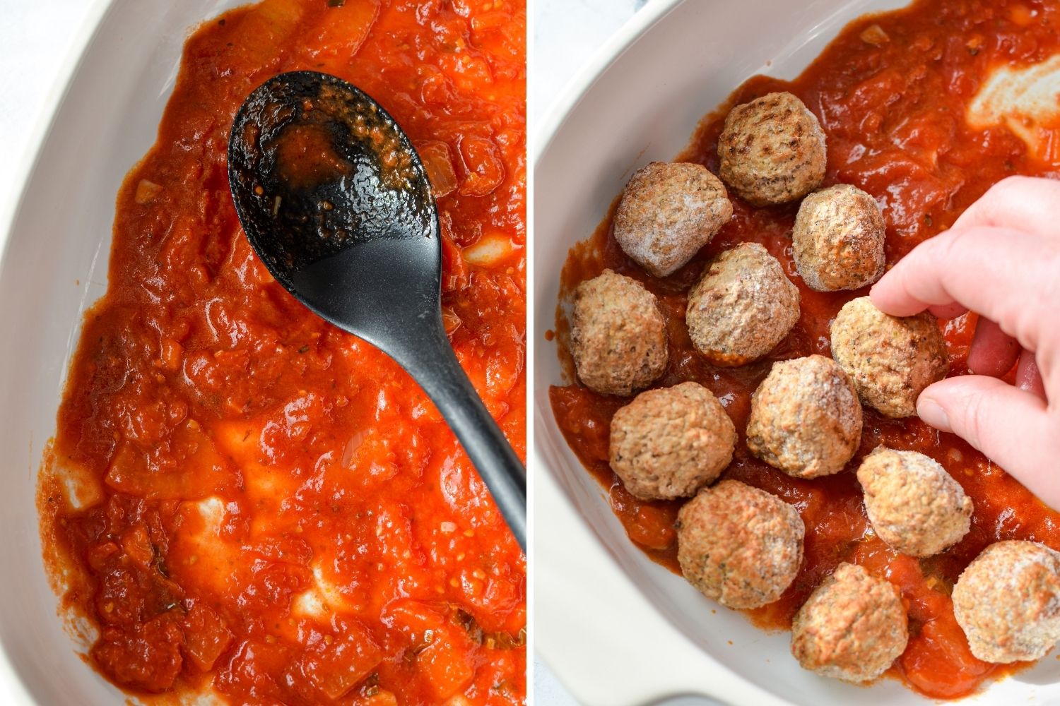 spreading sauce in a dish before adding meatballs