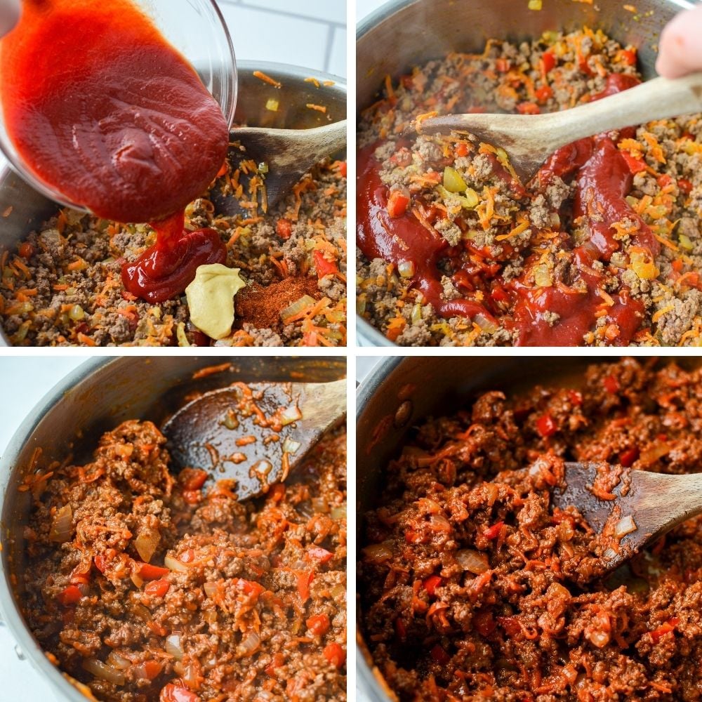 Adding sauces and ketchup to ground meat.