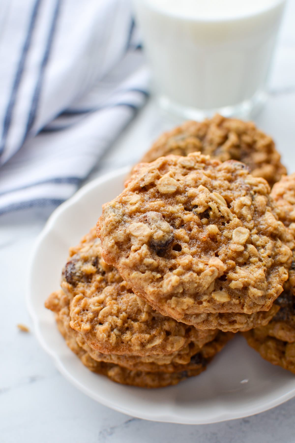 A stack of sourdough oatmeal raisin cookies