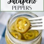 A jar of jalapeno rings, with the text overlay reading: fermented jalapeno peppers.
