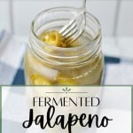 A fork going into a jar of fermented jalapeno rings.