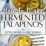 A jar of jalapeno rings. The text overlay reads: how to make fermented jalapenos.