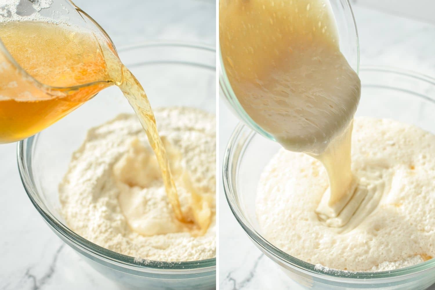 Adding liquid to a bowl of flour, baking powder, and salt.