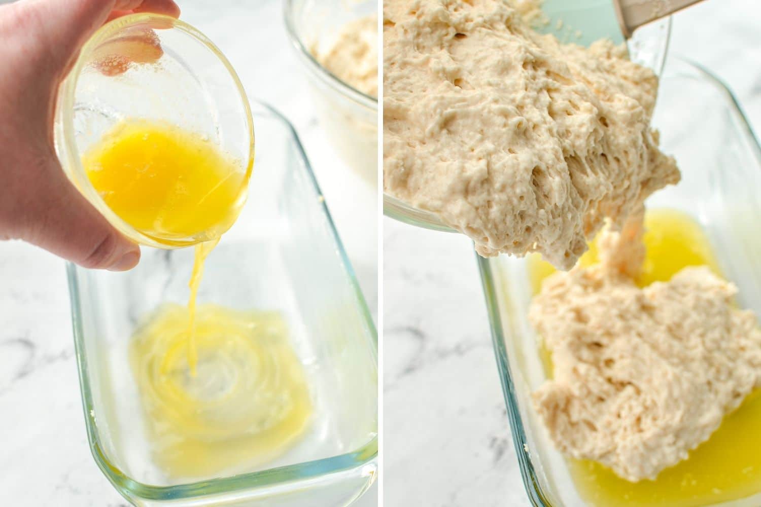 Pouring butter into the bottom of a loaf pan, and then pouring in a quick bread batter.