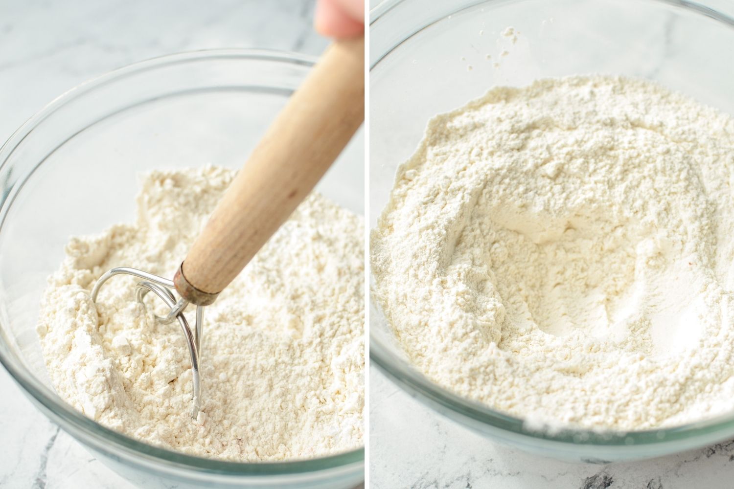 Adding flour to a bowl and whisking it together.