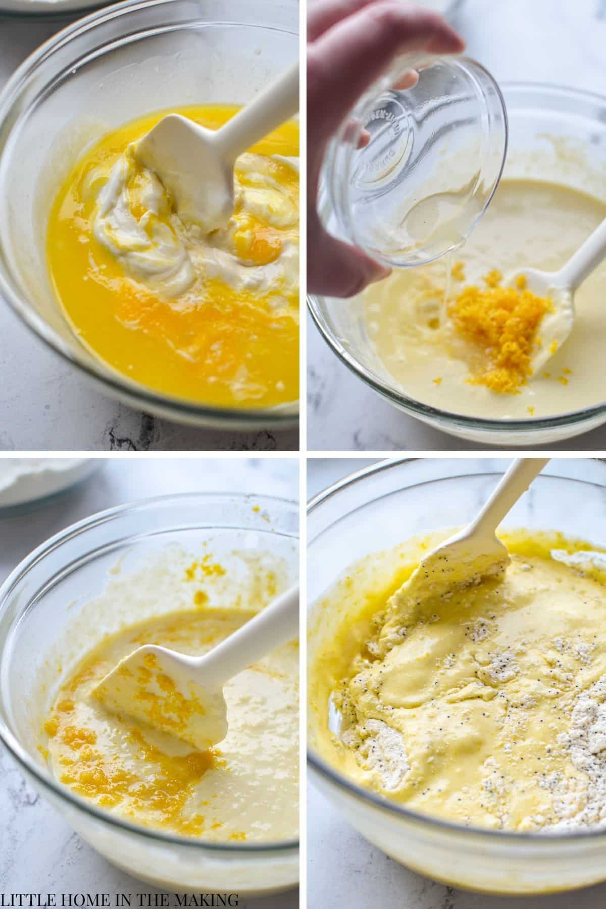 Adding eggs to a wet ingredient mixture, then stirring in lemon zest and juice, and finally folding into dry ingredients.