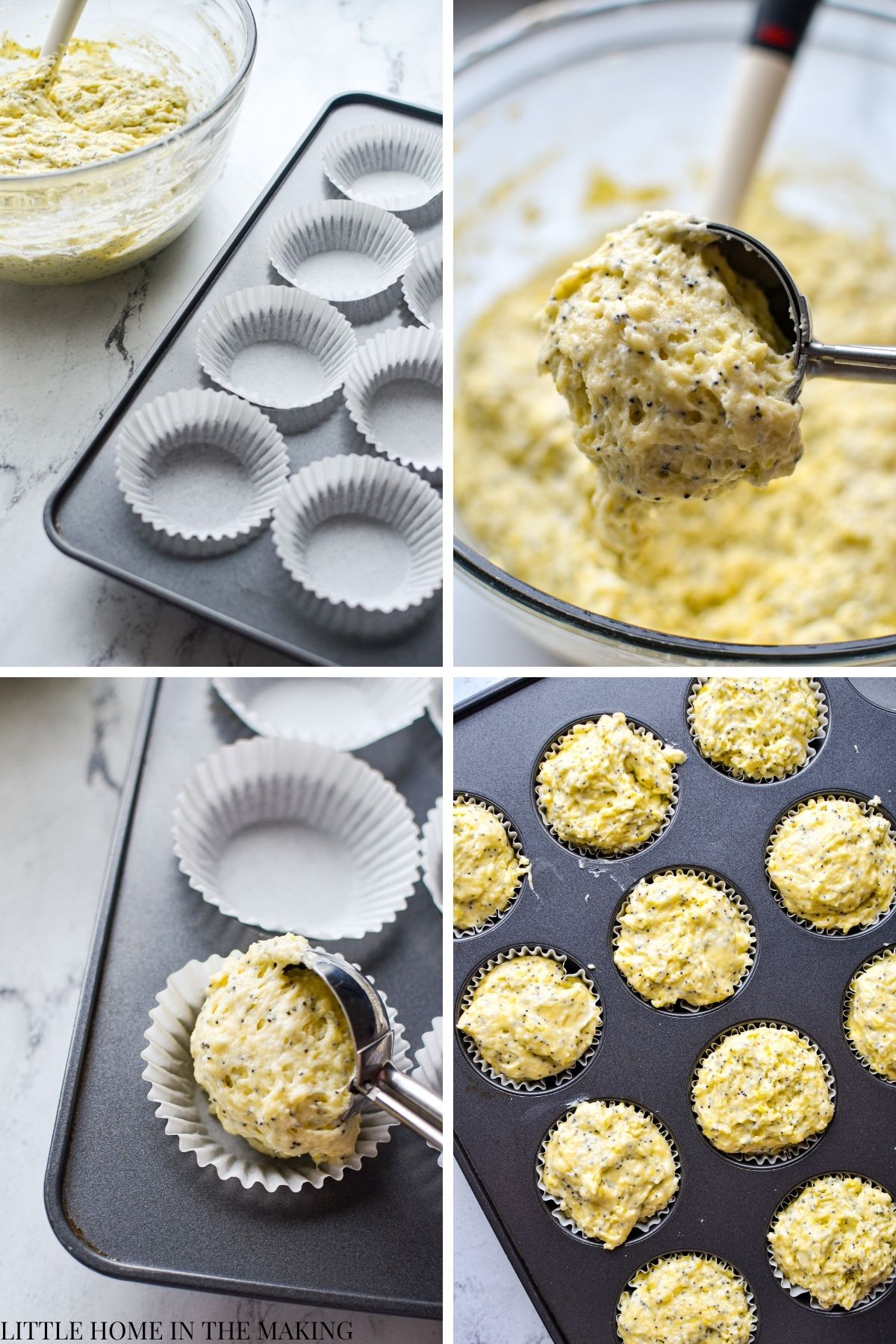 Scooping muffin batter into a prepared muffin tin.