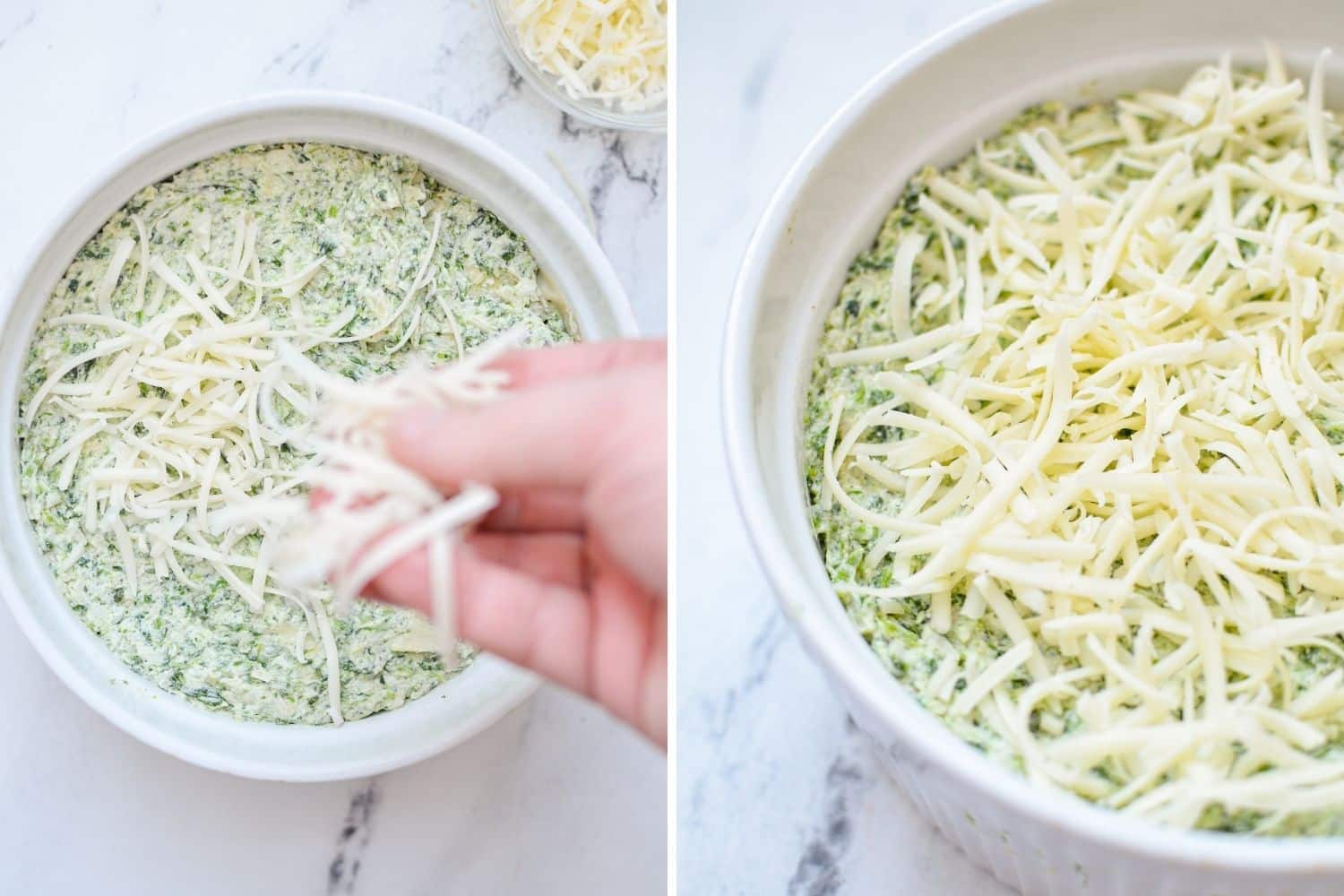 Spreading cheese on top of a baking dish filled with spinach artichoke dip.