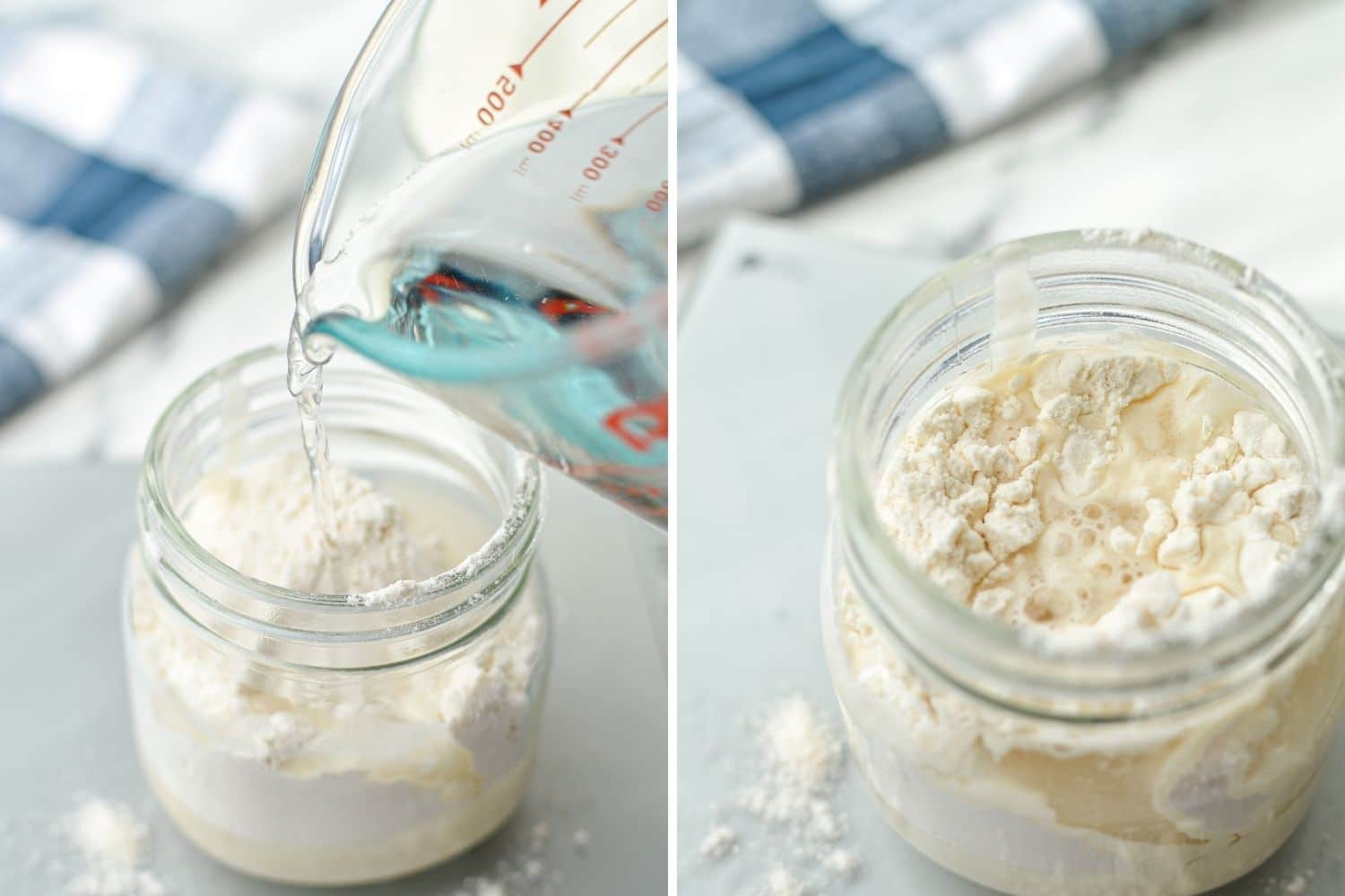 Pouring water into a jar of sourdough starter and flour.