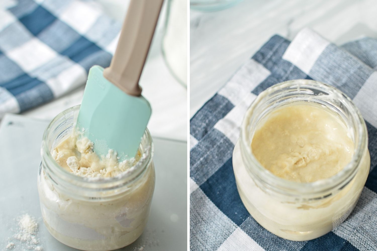 Stirring your sourdough starter to incorporate both water and flour.