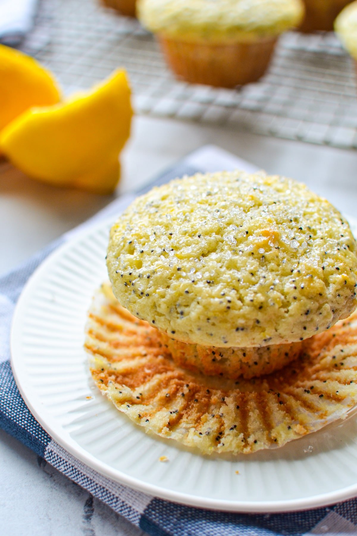 A close up of a lemon poppy seed muffin, unwrapped from its muffin liner on a plate.