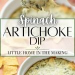 A chip taking a portion of baked dip. The text overlay reads: spinach artichoke dip