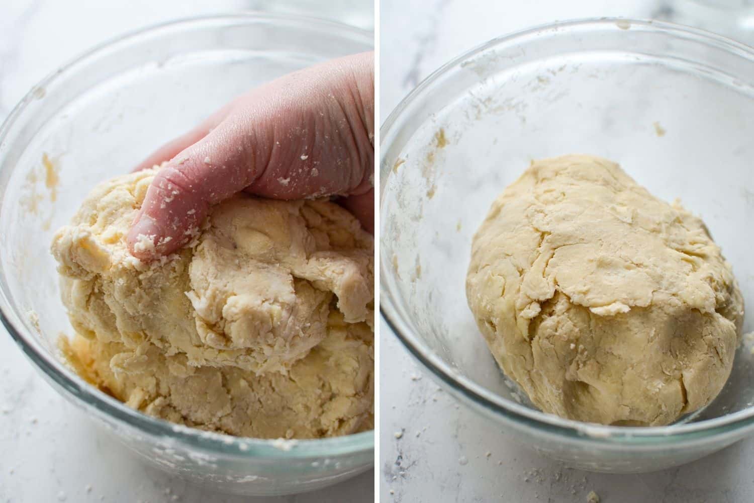 Bringing together pie dough with your hands.