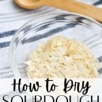 A small bowl of dried sourdough flakes. The text overlay reads: how to dry sourdough starter.