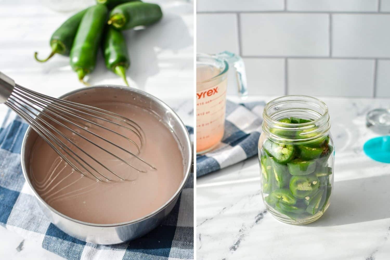 Whisking together a brine in a saucepan, and adding sliced jalapenos to a jar.