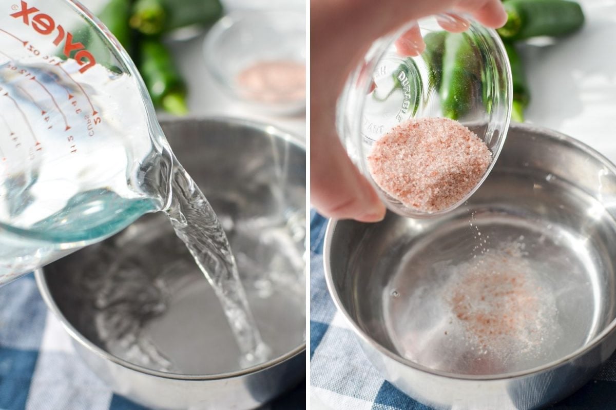 Pouring water into a small saucepan, followed by salt.