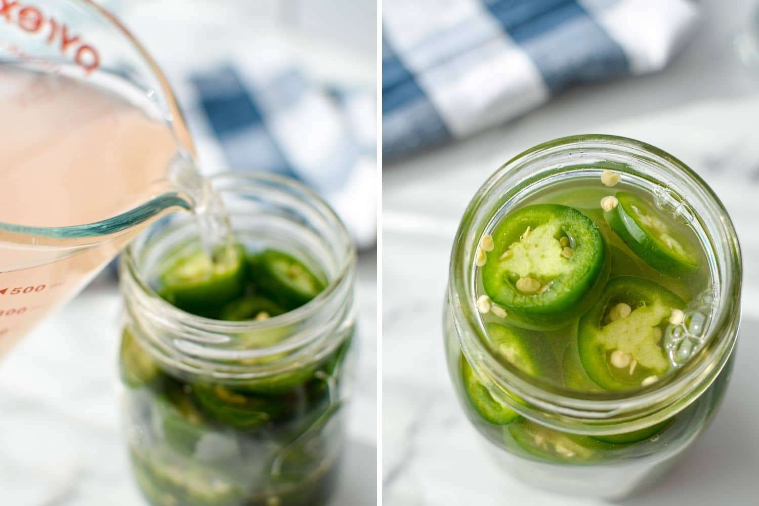 Pouring prepared brine on top of sliced jalapenos.