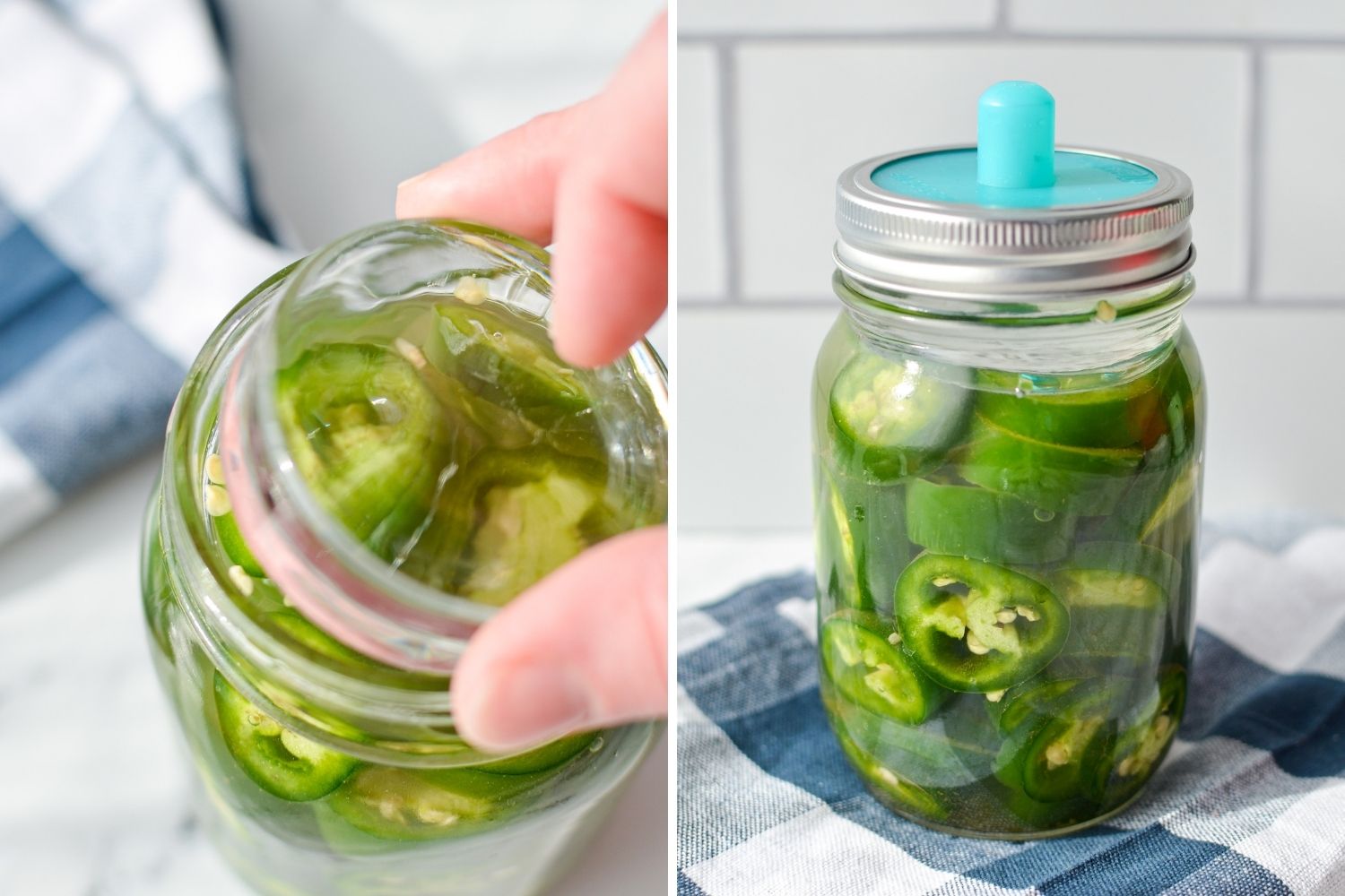 Adding a fermentation weight and a pickle pipe to a jar of jalapenos. 